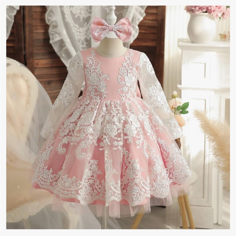 Pink Lace Floral Dress with Bow